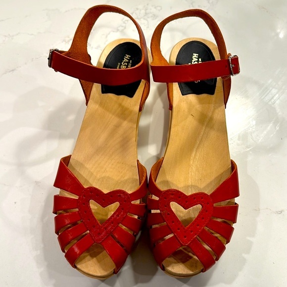 Swedish Hasbeens Shoes - NEW Swedish Hasbeens Red Leather Heart Low Clog Sandals